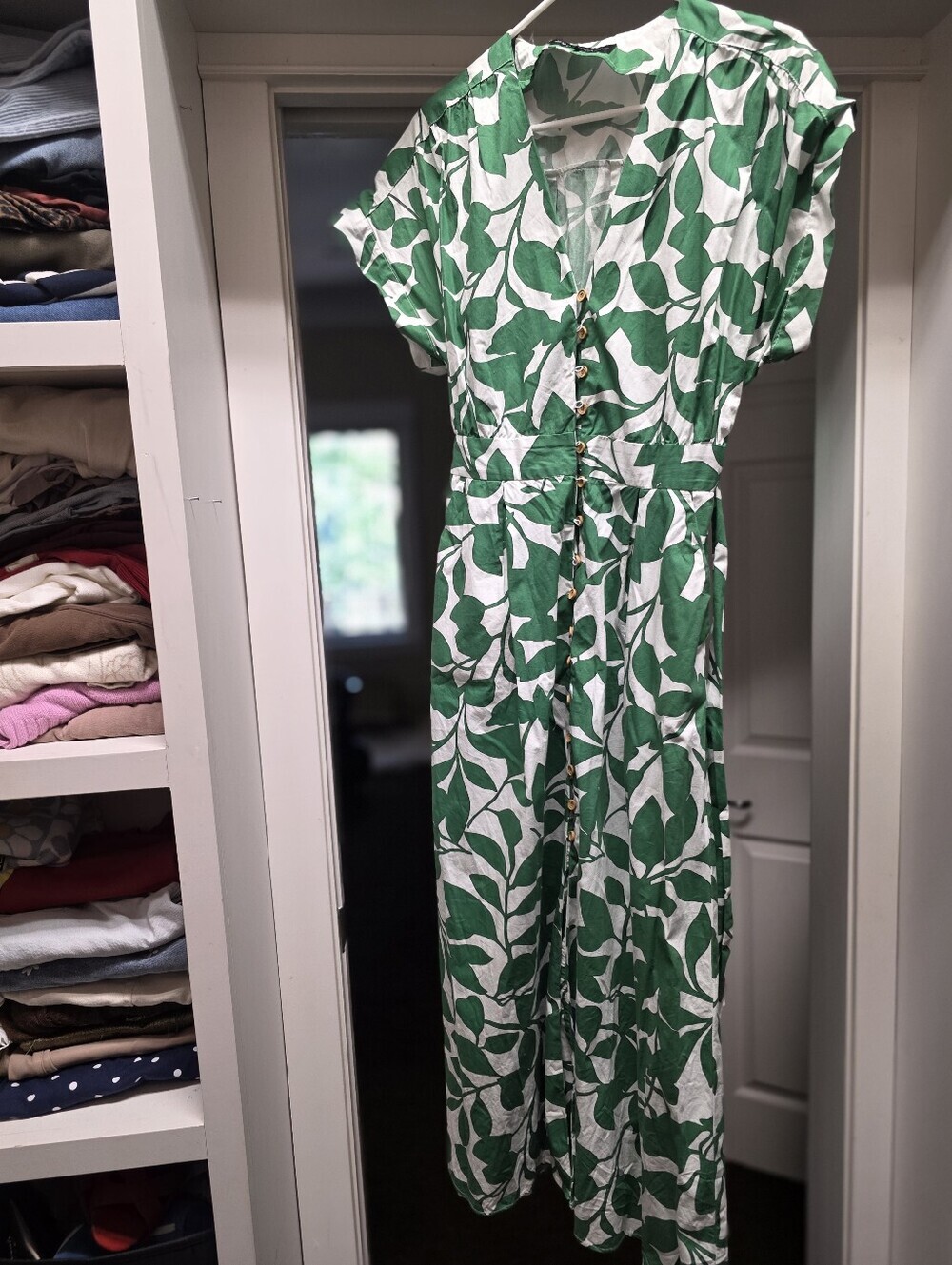 Zara Green and White Leaf-Print Maxi Dress